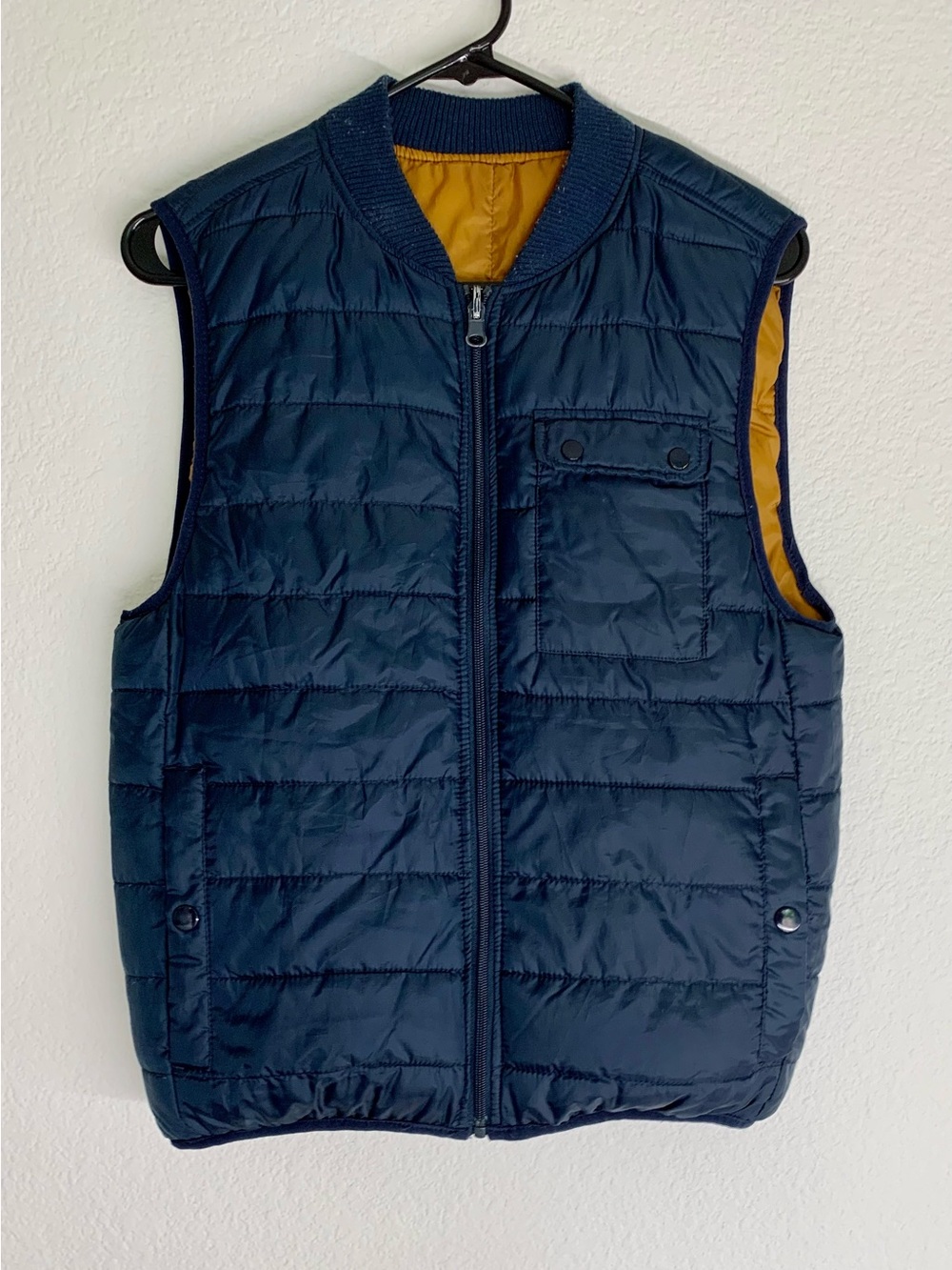 Men's Navy Quilted Puffer Vest with Mustard Reverse Side